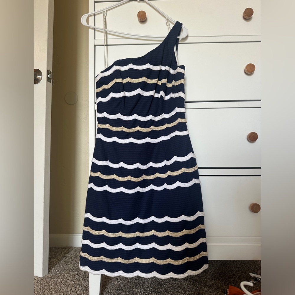 Lilly Pulitzer Navy One-Shoulder Dress with White & Gold Stripes